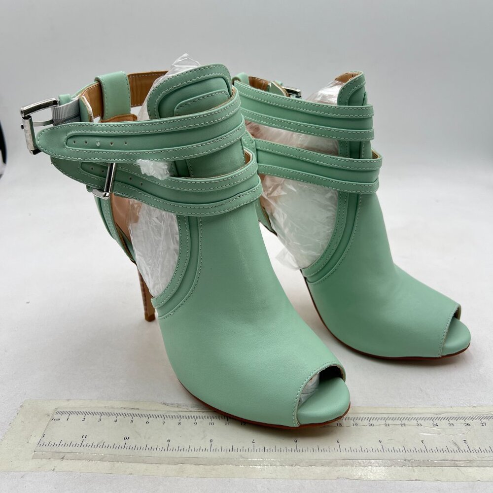 XYD Aquamarine Peep Toe Ankle Booties Dual Buckled Straps Stiletto Heels Sandal - Picture 4 of 8